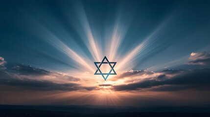 Star of David over cloudy sunset sky background. Symbol of Judaism. Jewish memory day. Hanukkah, Passover, Shavuot, Yom Kippur holiday. Happy Independence Day of Israel