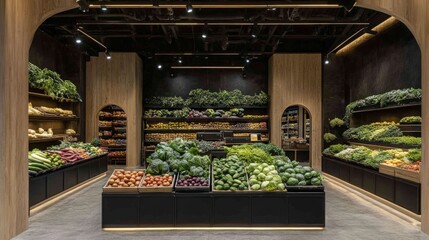 Modern grocery store interior with fresh produce and wood accents.