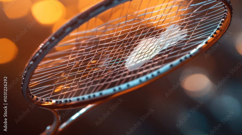 Poster a close-up of a badminton racket with a shuttlecock stuck in the net, with blurred golden lights in 