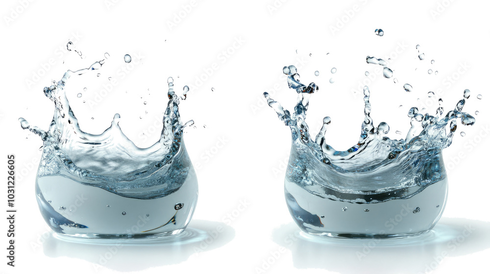 Poster dynamic splashes captured in clear water bowls on white backdrop generative ai