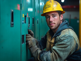 A young Caucasian man in a yellow hard hat and work gloves stands beside lockers, exuding determination and hard work.