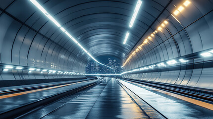 A photorealistic image of an empty, futuristic tunnel with lights and train tracks
