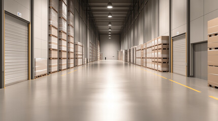 A clean and organized warehouse interior with high shelves filled with boxes, neatly stacked and aligned.