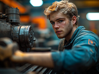 A young Caucasian male mechanic concentrates on his work in a dimly lit workshop, surrounded by machinery and tools.