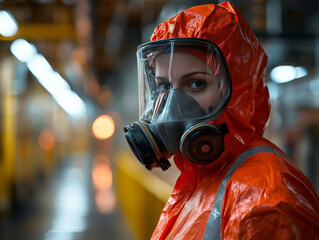 A female worker in an orange protective suit and gas mask stands resolutely in a dimly lit industrial setting, reflecting focus and determination.