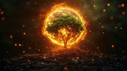 Fototapeta premium A tree grows from a glowing, fiery orb.