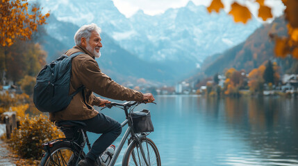 Obraz premium Smiling senior man on a bike by a lake in the mountains