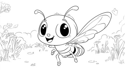 A super simple, black and white illustration of a cute bee with tiny wings and a friendly smile. The design features bold line art with clean outlines and no filled-in black areas, ensuring it's easy 