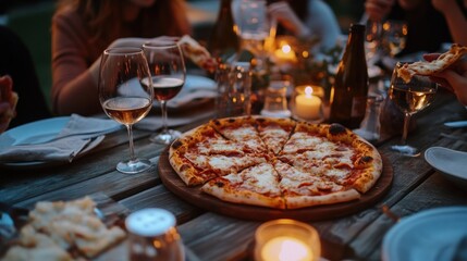 A pizza is at the center of a table with friends gathered around, enjoying a meal and wine outdoors.