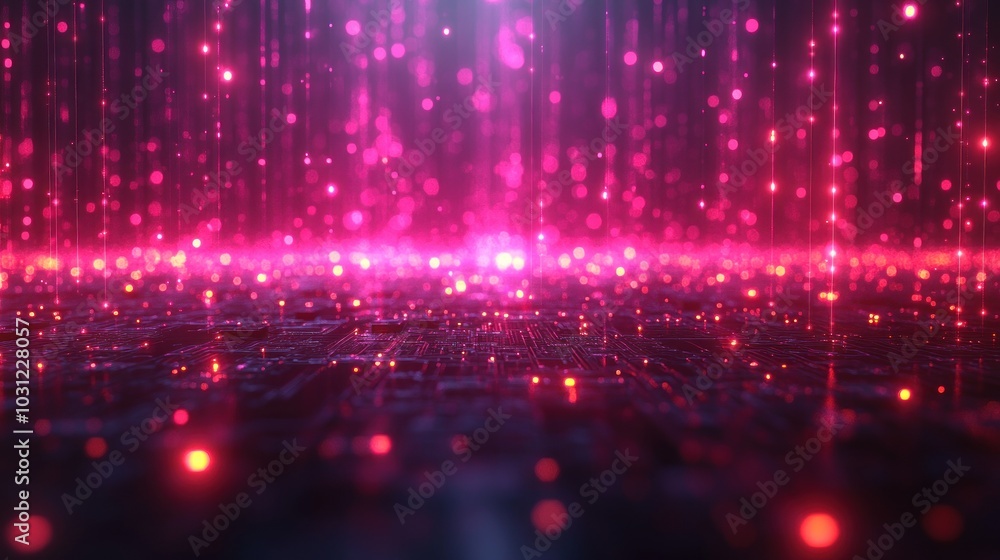 Poster abstract digital landscape with glowing particles and circuit patterns.