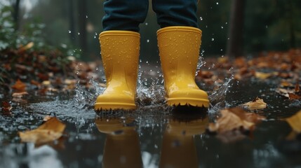 A child's yellow rain boots splashing in a puddle with fallen leaves on a rainy autumn day.