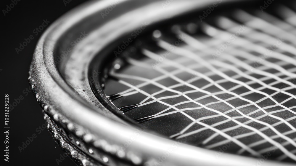 Poster close up of a tennis racket with a black and white filter showing the strings and the frame.