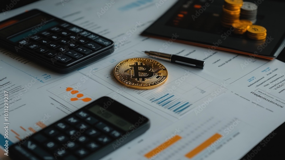 Poster a gold bitcoin coin sits on a desk with two calculators, a pen, and a stack of coins, all on top of 