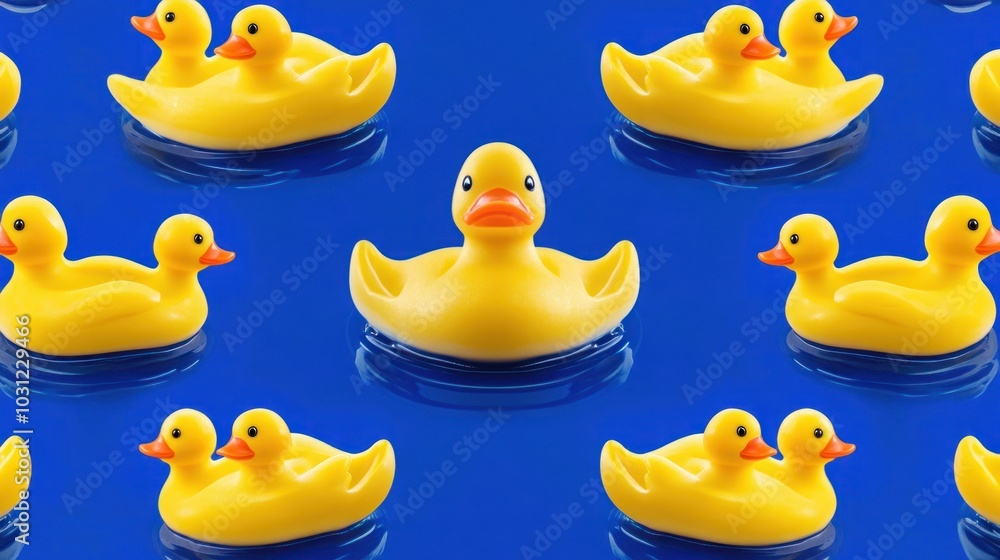 Poster yellow rubber duckies in a row with one larger duck in the middle on a blue background.