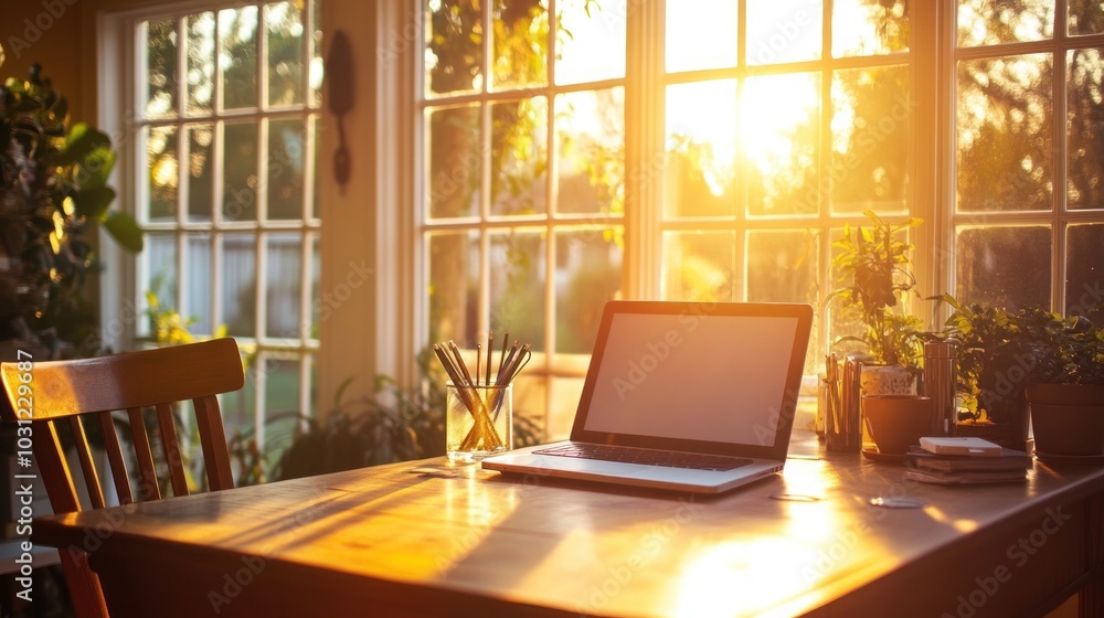 Poster a laptop sits on a table by a window with the sun setting in the background.