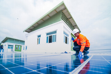 engineer man inspects construction of solar cell panel or photovoltaic cell by electronic device....