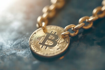 Golden Bitcoin Coin with Chain - 3d Illustration