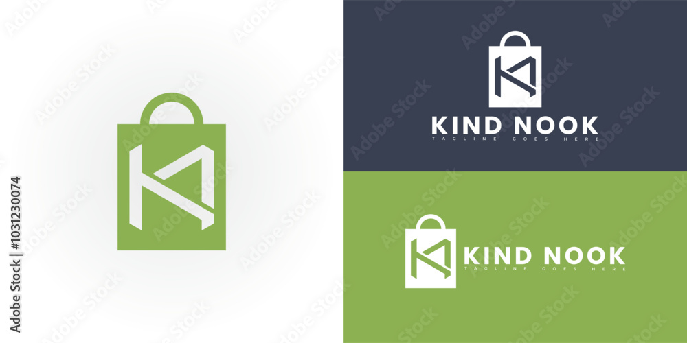 Poster modern initial rectangle vector letter kn or nk logo in green color isolated on multiple background 