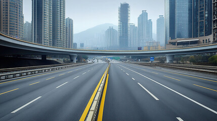 Fototapeta premium A highway with modern buildings in the background, no cars on it, with empty asphalt and yellow lines