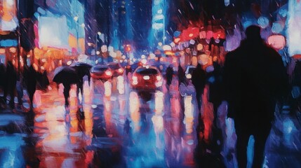 Colorful Night Scene in Rainy City Streets