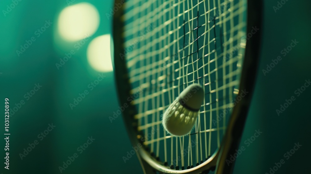 Poster a close-up of a badminton racket with a shuttlecock resting in the strings, against a blurred teal b