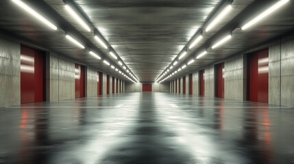 Modern underground parking lot with a white painted floor, LED lighting