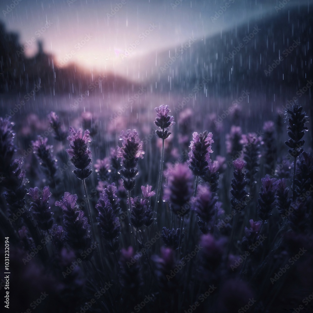 Wall mural lavender field in the rain