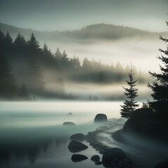 "Mysterious Foggy Landscape with Silhouetted Trees and Soft Morning Light