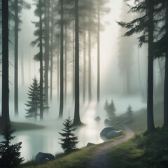 "Mysterious Foggy Landscape with Silhouetted Trees and Soft Morning Light