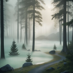 "Mysterious Foggy Landscape with Silhouetted Trees and Soft Morning Light
