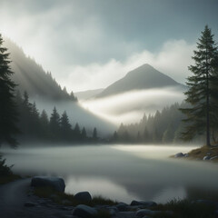 "Mysterious Foggy Landscape with Silhouetted Trees and Soft Morning Light