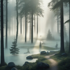 "Mysterious Foggy Landscape with Silhouetted Trees and Soft Morning Light