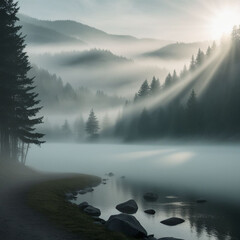 "Mysterious Foggy Landscape with Silhouetted Trees and Soft Morning Light