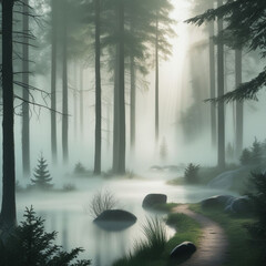"Mysterious Foggy Landscape with Silhouetted Trees and Soft Morning Light
