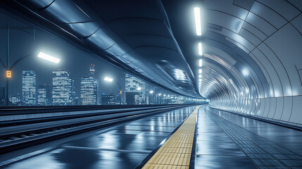 Fototapeta premium A photorealistic image of an empty, futuristic tunnel with lights and train tracks