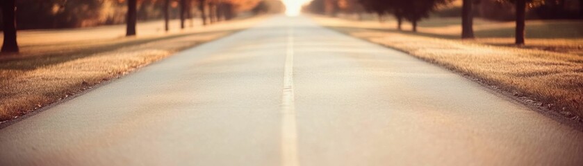 An empty road stretching through a quiet park at sunrise, with soft golden light illuminating the trees and grass on either side..