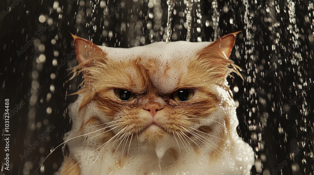 Poster Grumpy Cat with Soap Bubbles in Shower Scene