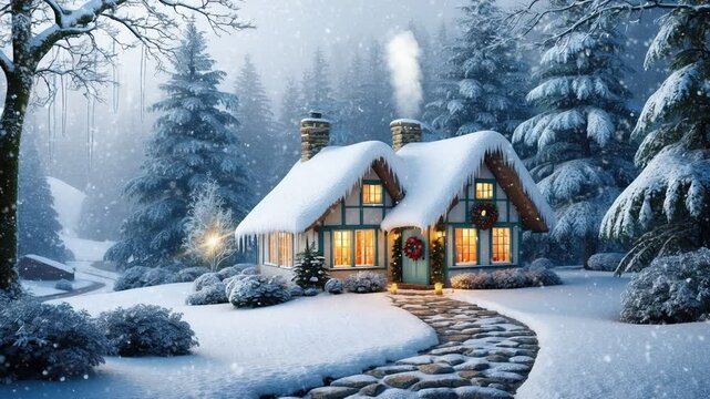 Cozy snow-covered cottage with warm lights and a stone path leading up to the front door, surrounded by a snowy forest.
