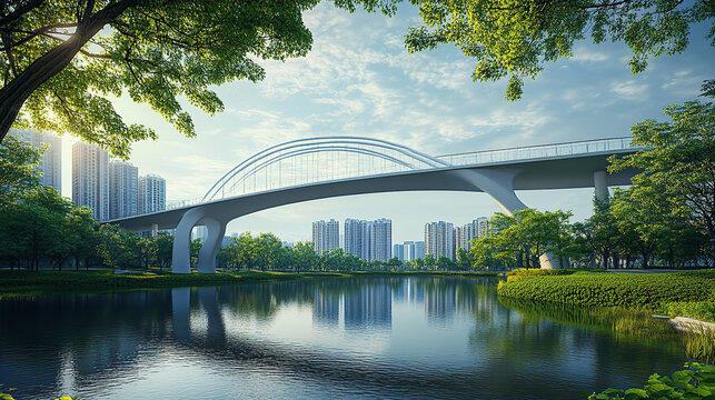 A modern bridge with white pillars and a green landscape along the river
