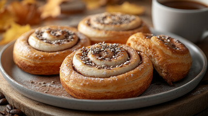 Close-up of cinnamon rolls topped with seeds, perfect for a cozy breakfast.