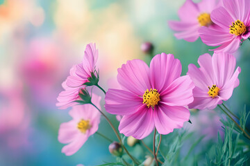 Pink Cosmos Flower Bloom in Soft Pastel Background Illustration