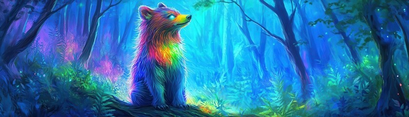 Obraz premium A forest creature standing guard in a magical forest, detailed fur texture, neon-glow elements, fantasy art style, bioluminescent effects