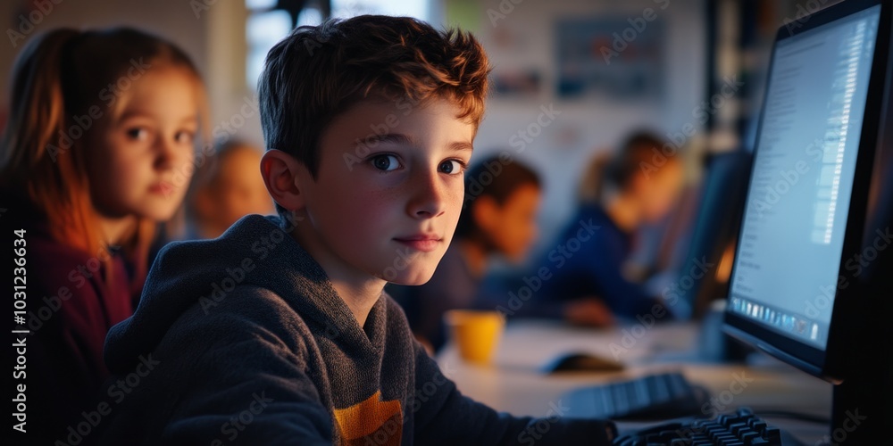 Poster a young boy focuses intently on his computer screen during a learning session. the classroom is illu