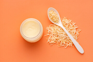 Virgin coconut oil - Grated Cocos nucifera in the spoon.