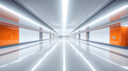 Modern underground parking lot with a white painted floor, LED lighting