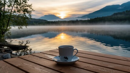 White coffee cup with a black logo sits on a wooden table by a lake
