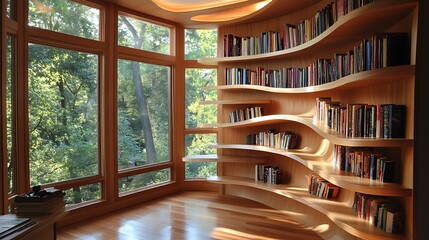 Fototapeta premium Curved wooden bookshelf filled with books in a sunlit room with a window view of trees