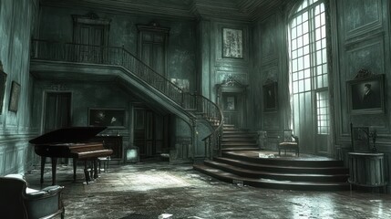 A dimly lit, abandoned grand hall with a staircase and piano.