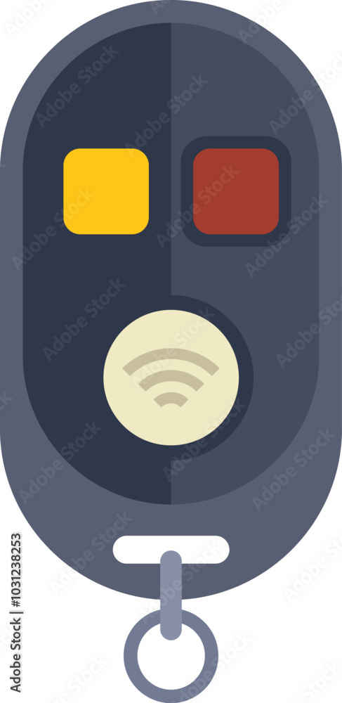 Poster wireless keyless remote control with buttons and ring hanging down is isolated on a white background