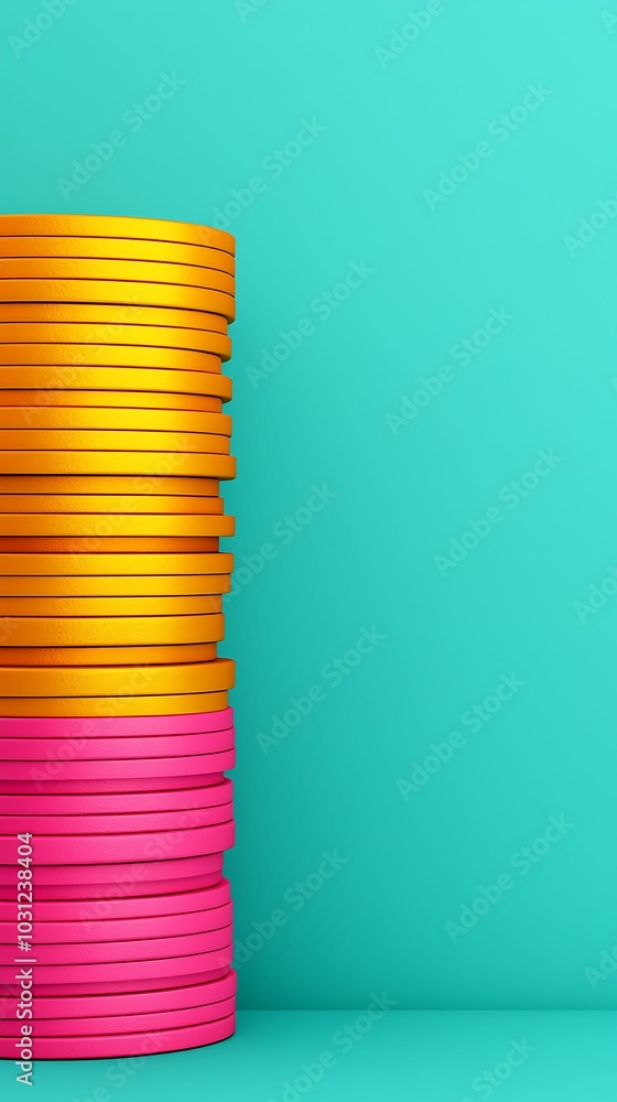 Poster colorful stacked discs on a vibrant background a playful display of geometry and design elements for